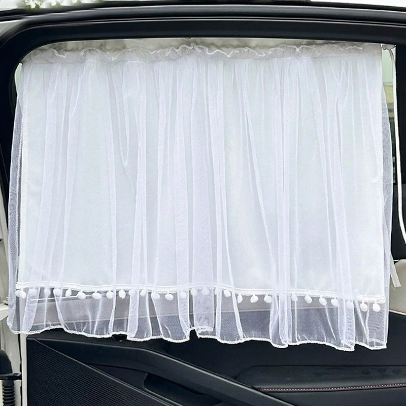 1PC Romantic Lace Tulle Car Sunshade Curtain, Ruffled Edge Privacy Cover With Drawstring, Semi-Sheer Breathable Shade, For Car Interior Decoration