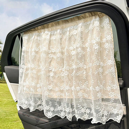 1PC Romantic Lace Tulle Car Sunshade Curtain, Ruffled Edge Privacy Cover With Drawstring, Semi-Sheer Breathable Shade, For Car Interior Decoration