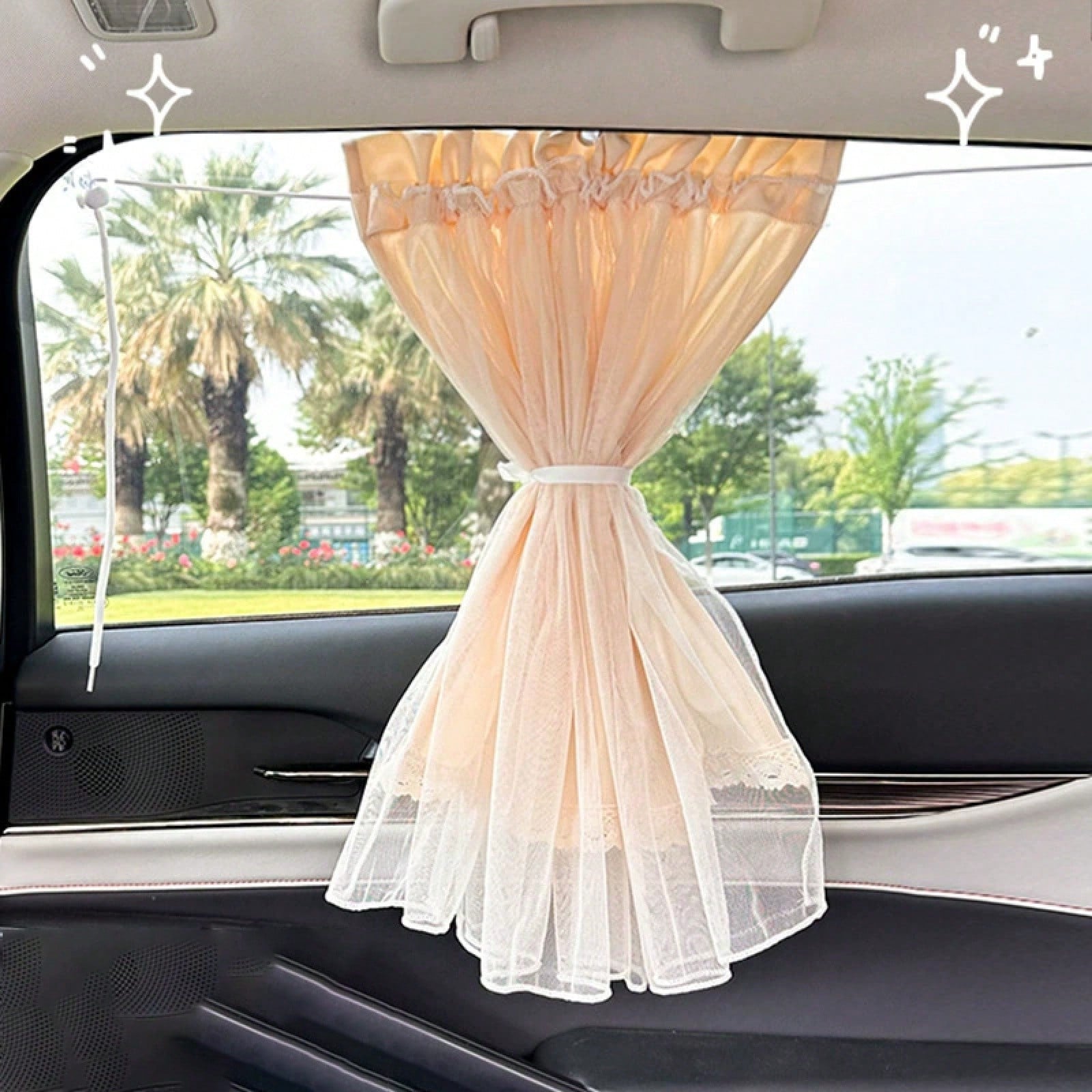 1PC Romantic Lace Tulle Car Sunshade Curtain, Ruffled Edge Privacy Cover With Drawstring, Semi-Sheer Breathable Shade, For Car Interior Decoration