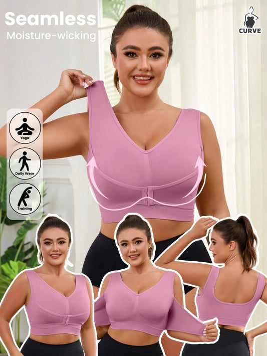 1pc Seamless Wireless Lift & Support Front Closure Adjustable Comfortable Side Gather Yoga Unpadded Sports Bra For Plus Size Women Pink Spring