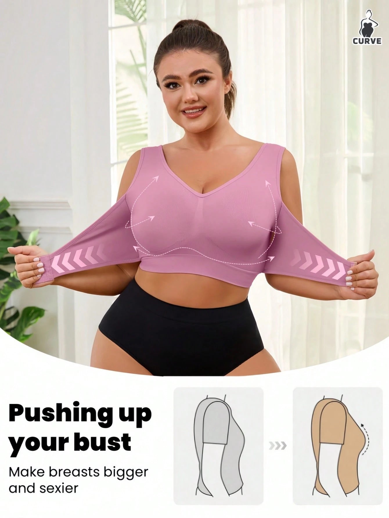 1pc Seamless Wireless Lift & Support Front Closure Adjustable Comfortable Side Gather Yoga Unpadded Sports Bra For Plus Size Women Pink Spring