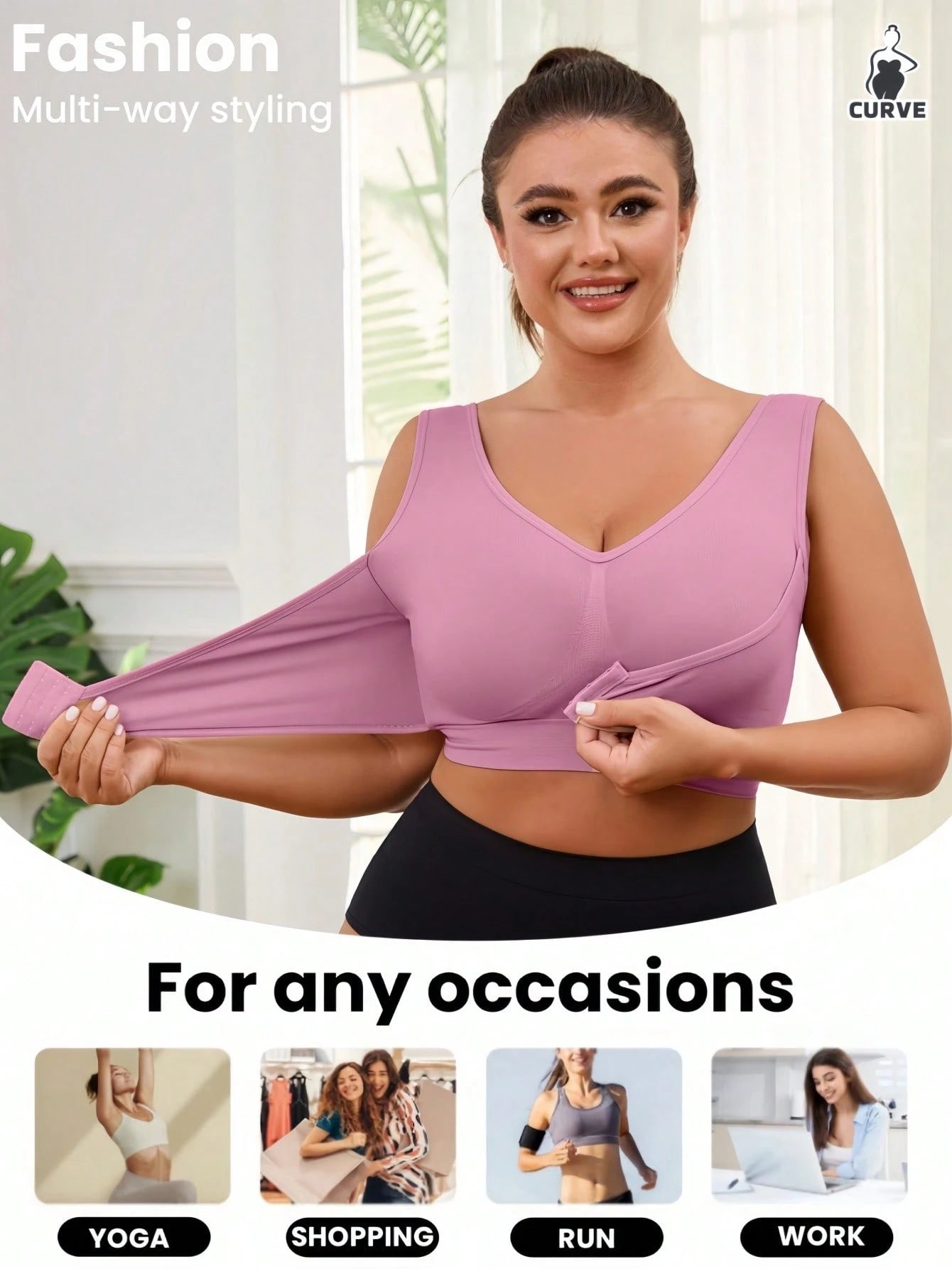 1pc Seamless Wireless Lift & Support Front Closure Adjustable Comfortable Side Gather Yoga Unpadded Sports Bra For Plus Size Women Pink Spring