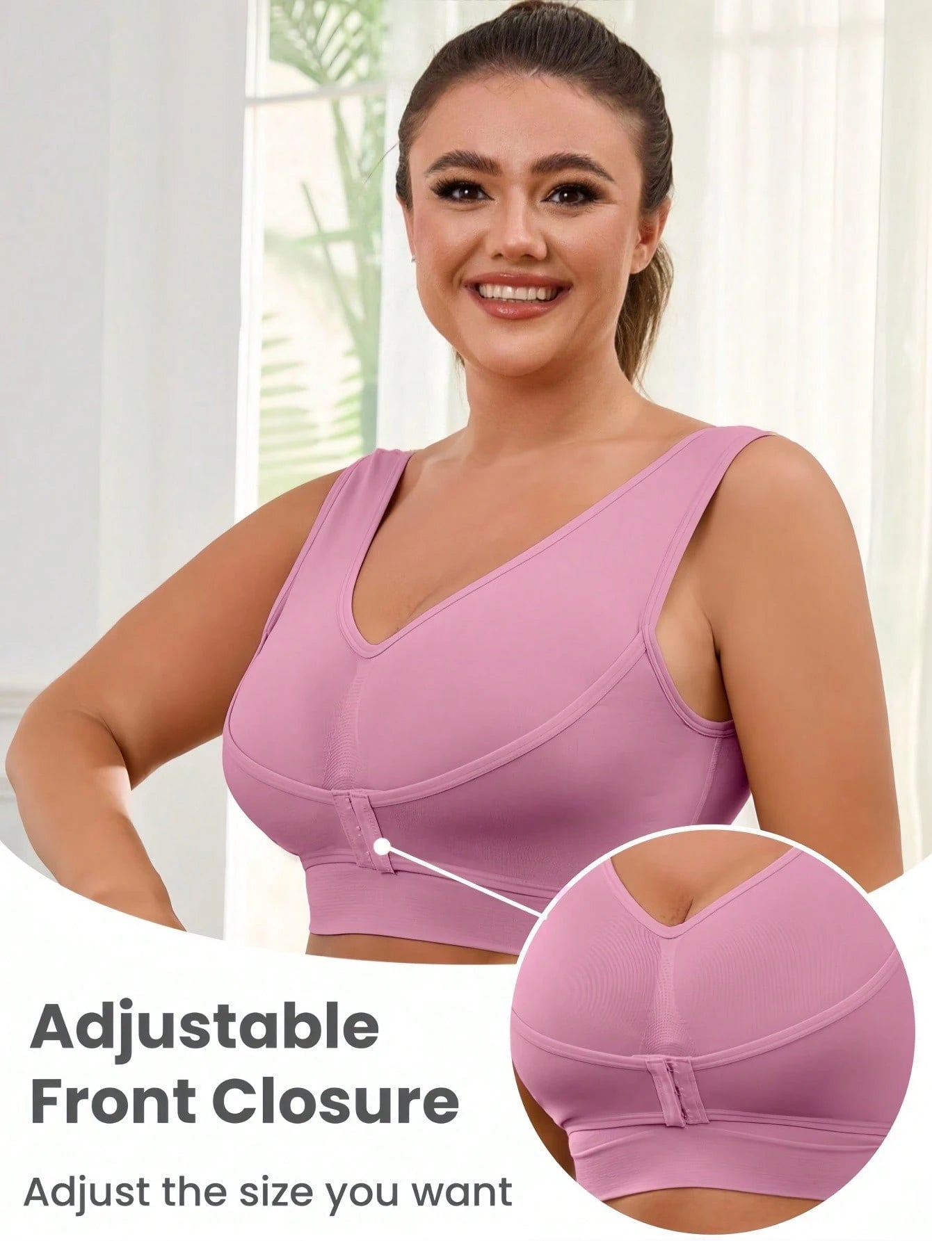 1pc Seamless Wireless Lift & Support Front Closure Adjustable Comfortable Side Gather Yoga Unpadded Sports Bra For Plus Size Women Pink Spring