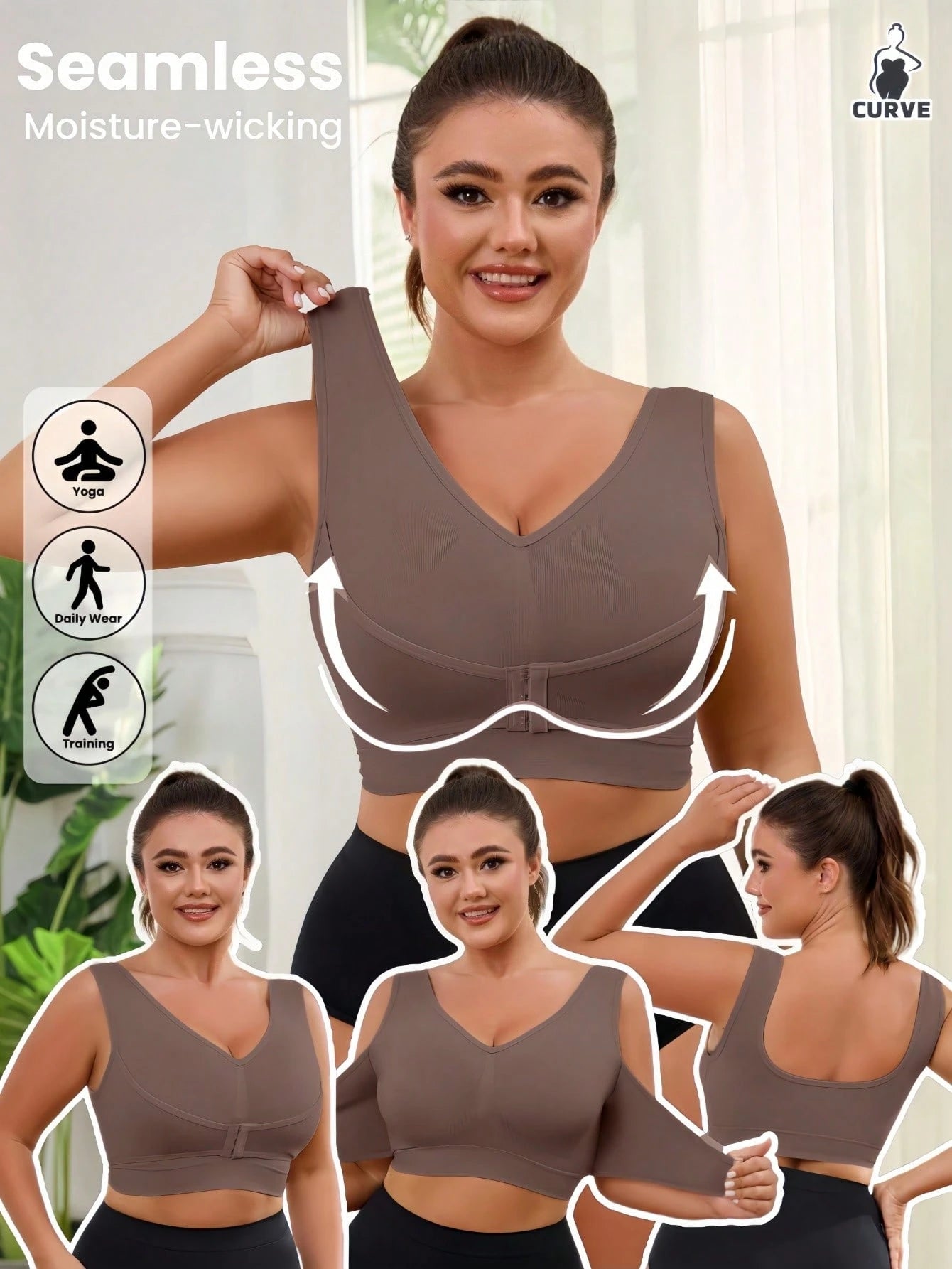 1pc Seamless Wireless Lift & Support Front Closure Adjustable Comfortable Side Gather Yoga Unpadded Sports Bra For Plus Size Women Pink Spring