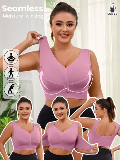 1pc Seamless Wireless Lift & Support Front Closure Adjustable Comfortable Side Gather Yoga Unpadded Sports Bra For Plus Size Women Pink Spring
