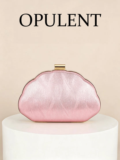 1pc Shell-Shaped PU Embossed Evening Clutch Bag With Wavy Texture, Minimalist Metal Lock, Niche Design, Versatile For Wedding Dress, Bridesmaid Gown, Chain Crossbody Hard Box Small Purse