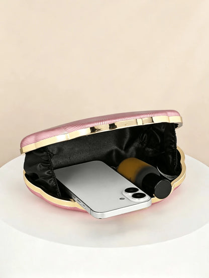 1pc Shell-Shaped PU Embossed Evening Clutch Bag With Wavy Texture, Minimalist Metal Lock, Niche Design, Versatile For Wedding Dress, Bridesmaid Gown, Chain Crossbody Hard Box Small Purse