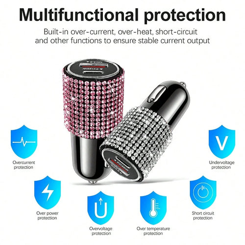 1pc Shiny Handmade Rhinestone Car Charger, Fast Charging USB Type-C Car Phone Charger, Diamond Adapter, Compatible With Phones, Dash Cams, GPS And Other Devices, Perfect Holiday/Birthday Gift For Men