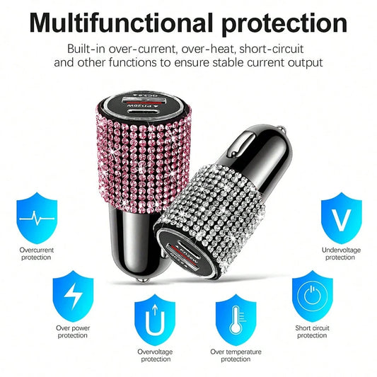 1pc Shiny Handmade Rhinestone Car Charger, Fast Charging USB Type-C Car Phone Charger, Diamond Adapter, Compatible With Phones, Dash Cams, GPS And Other Devices, Perfect Holiday/Birthday Gift For Men