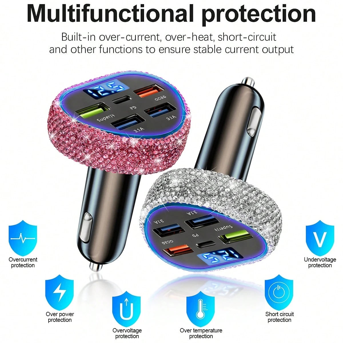1pc Shiny Handmade Rhinestone Car Charger, Fast Charging USB Type-C Car Phone Charger, Diamond Adapter, Compatible With Phones, Dash Cams, GPS And Other Devices, Perfect Holiday/Birthday Gift For Men