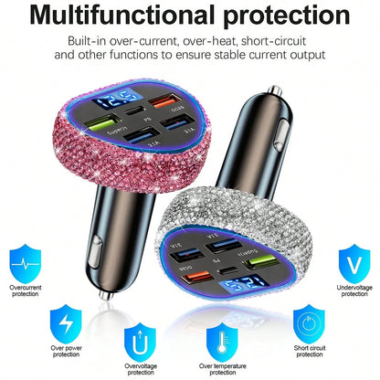 1pc Shiny Handmade Rhinestone Car Charger, Fast Charging USB Type-C Car Phone Charger, Diamond Adapter, Compatible With Phones, Dash Cams, GPS And Other Devices, Perfect Holiday/Birthday Gift For Men