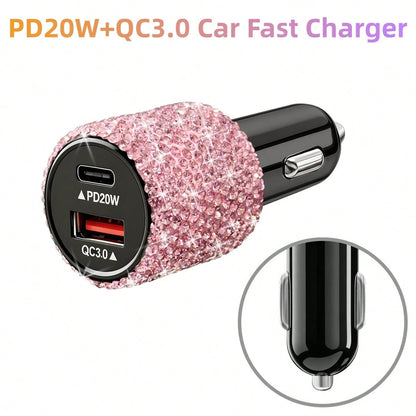 1pc Shiny Handmade Rhinestone Car Charger, Fast Charging USB Type-C Car Phone Charger, Diamond Adapter, Compatible With Phones, Dash Cams, GPS And Other Devices, Perfect Holiday/Birthday Gift For Men