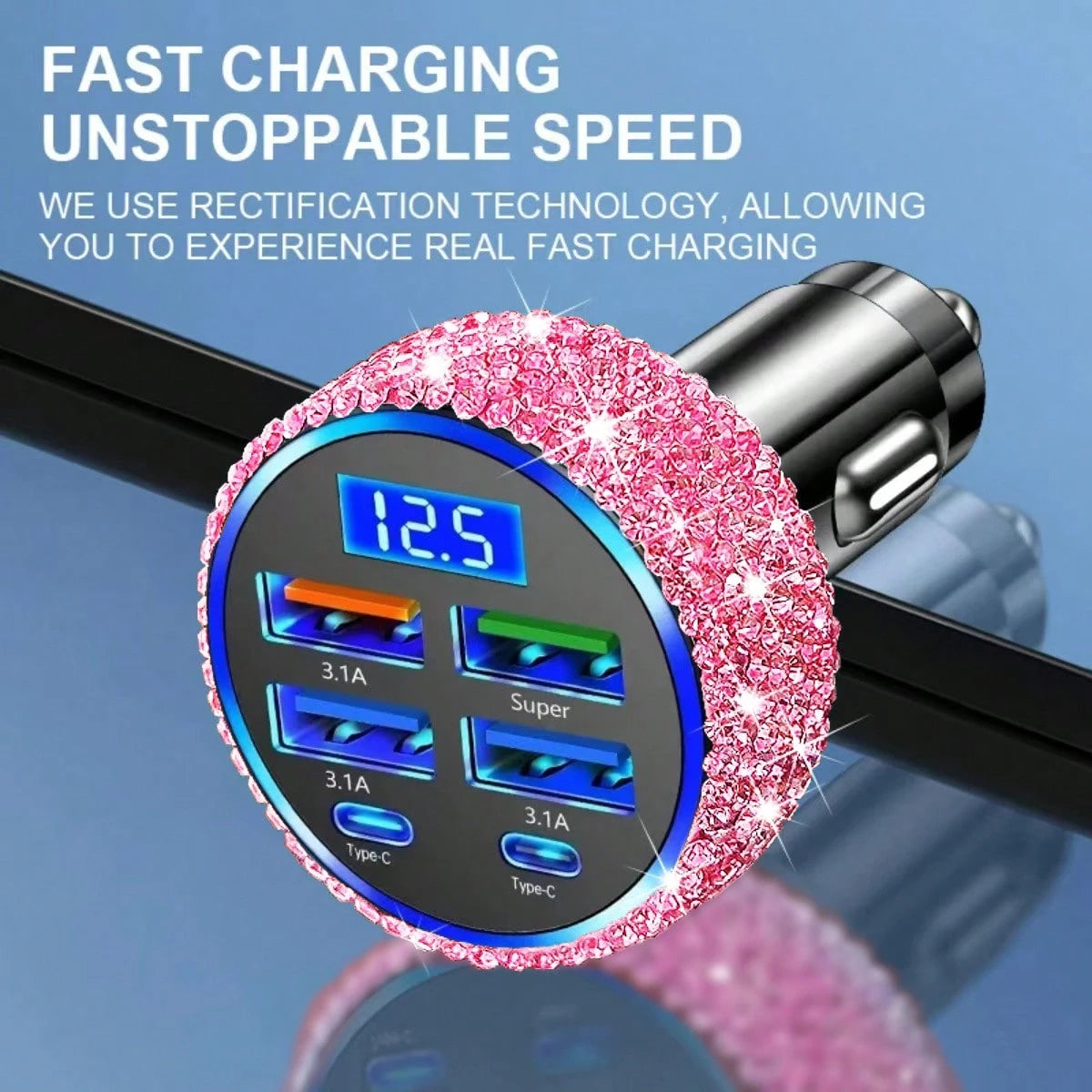 1pc Shiny Handmade Rhinestone Car Charger, Fast Charging USB Type-C Car Phone Charger, Diamond Adapter, Compatible With Phones, Dash Cams, GPS And Other Devices, Perfect Holiday/Birthday Gift For Men