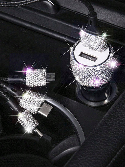 1pc Shiny Handmade Rhinestone Car Charger, Fast Charging USB Type-C Car Phone Charger, Diamond Adapter, Compatible With Phones, Dash Cams, GPS And Other Devices, Perfect Holiday/Birthday Gift For Men