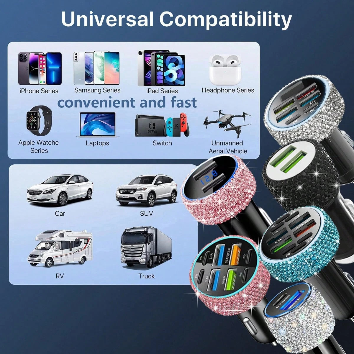 1pc Shiny Handmade Rhinestone Car Charger, Fast Charging USB Type-C Car Phone Charger, Diamond Adapter, Compatible With Phones, Dash Cams, GPS And Other Devices, Perfect Holiday/Birthday Gift For Men