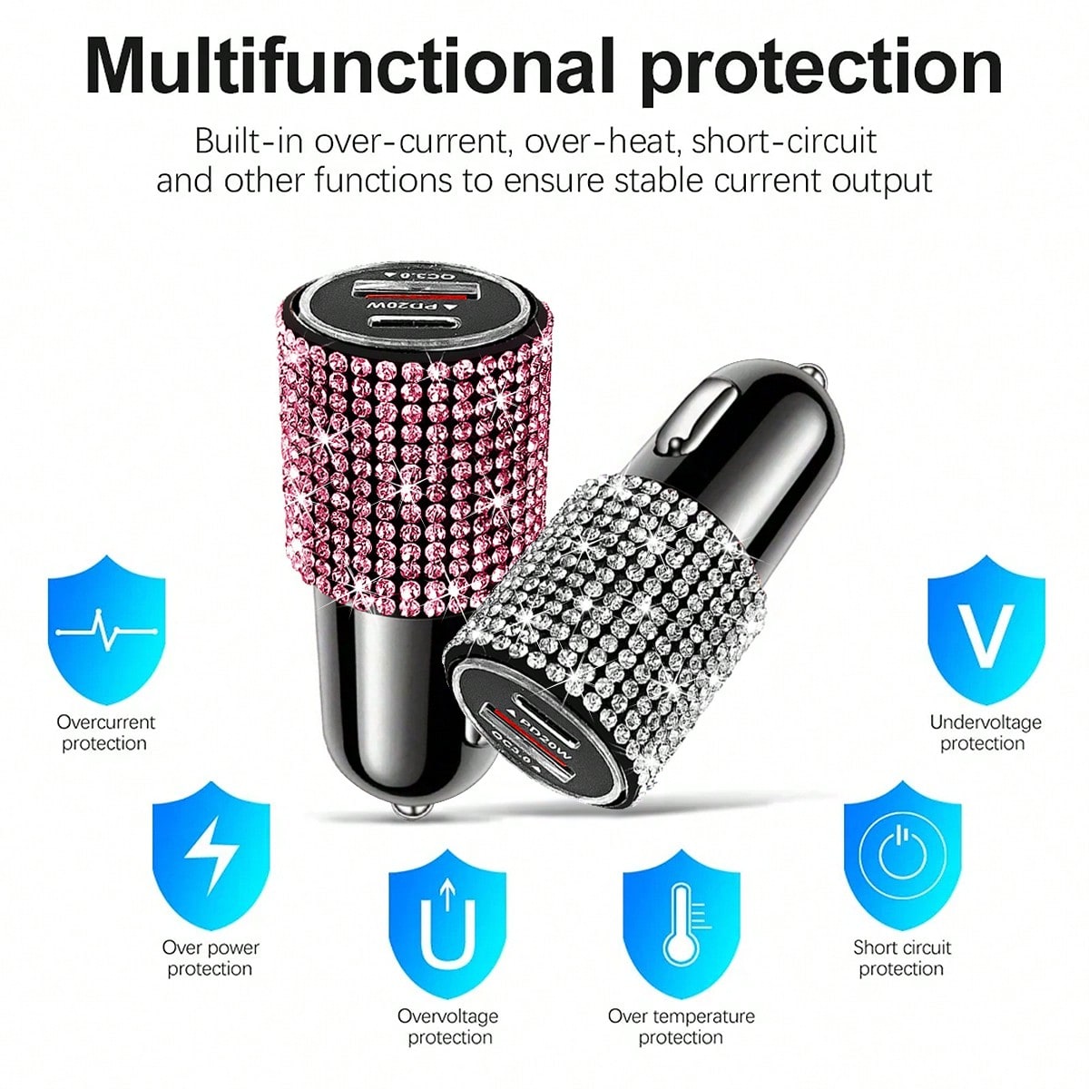 1pc Shiny Handmade Rhinestone Car Charger, Fast Charging USB Type-C Car Phone Charger, Diamond Adapter, Compatible With Phones, Dash Cams, GPS And Other Devices, Perfect Holiday/Birthday Gift For Men