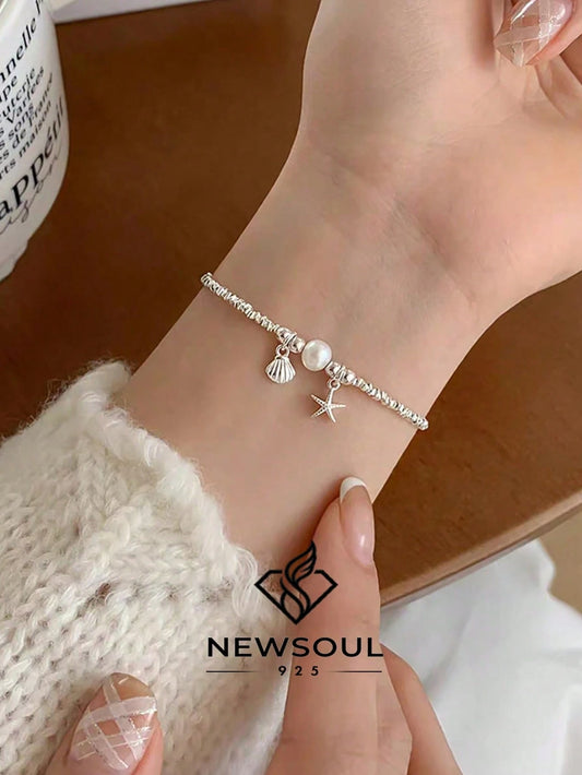 1pc Silver Plated Faux Pearl Starfish & Shell Bracelet, 925 Sterling Silver, Women's Jewelry Gift, Party Gift, Birthday Gift, Daily Wear