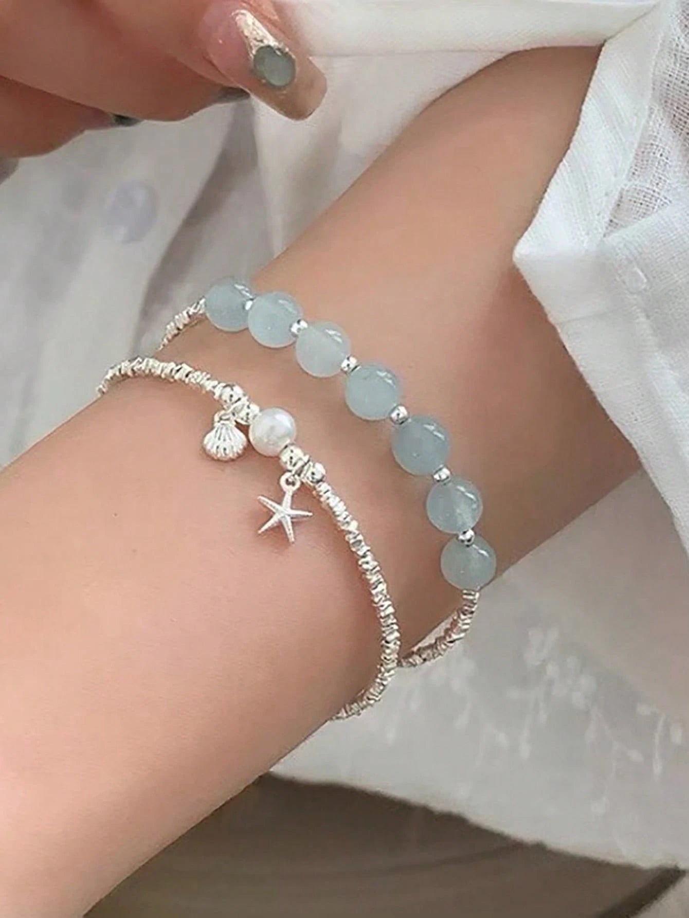 1pc Silver Plated Faux Pearl Starfish & Shell Bracelet, 925 Sterling Silver, Women's Jewelry Gift, Party Gift, Birthday Gift, Daily Wear