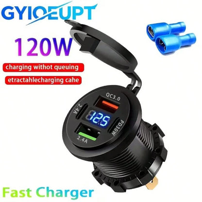 1pc Smart Digital Display Car Charger, Supports QC3.0 Fast Charging, Dual USB Ports, Suitable For 12V-24V Voltage, Type-C Interface, Fast Charging First Choice, Applicable For Cars, Motorcycles, Truck