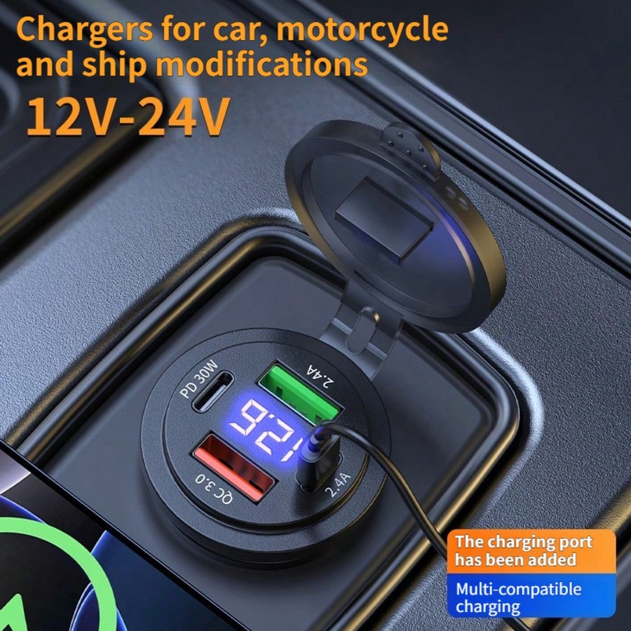 1pc Smart Digital Display Car Charger, Supports QC3.0 Fast Charging, Dual USB Ports, Suitable For 12V-24V Voltage, Type-C Interface, Fast Charging First Choice, Applicable For Cars, Motorcycles, Truck