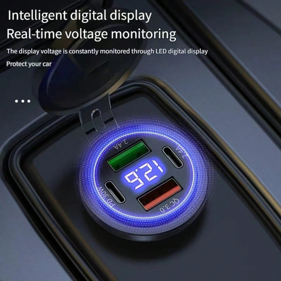 1pc Smart Digital Display Car Charger, Supports QC3.0 Fast Charging, Dual USB Ports, Suitable For 12V-24V Voltage, Type-C Interface, Fast Charging First Choice, Applicable For Cars, Motorcycles, Truck