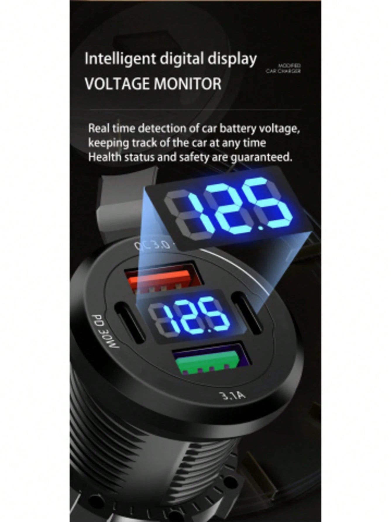 1pc Smart Digital Display Car Charger, Supports QC3.0 Fast Charging, Dual USB Ports, Suitable For 12V-24V Voltage, Type-C Interface, Fast Charging First Choice, Applicable For Cars, Motorcycles, Truck