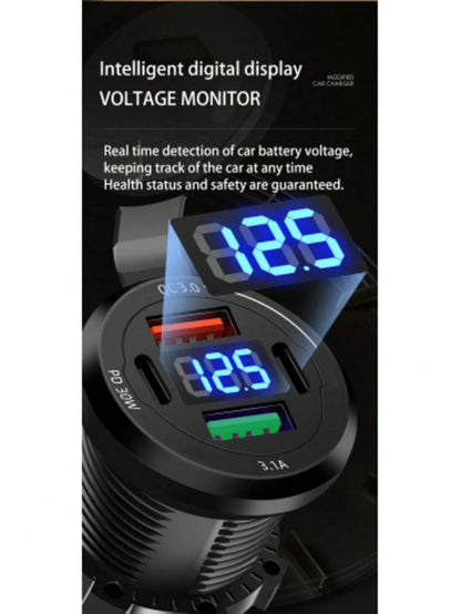 1pc Smart Digital Display Car Charger, Supports QC3.0 Fast Charging, Dual USB Ports, Suitable For 12V-24V Voltage, Type-C Interface, Fast Charging First Choice, Applicable For Cars, Motorcycles, Truck