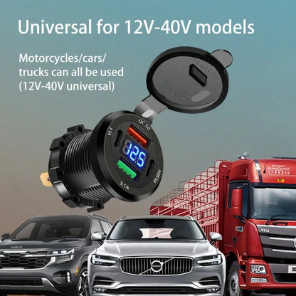 1pc Smart Digital Display Car Charger, Supports QC3.0 Fast Charging, Dual USB Ports, Suitable For 12V-24V Voltage, Type-C Interface, Fast Charging First Choice, Applicable For Cars, Motorcycles, Truck