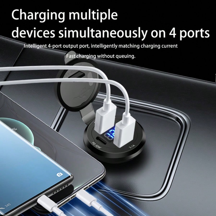 1pc Smart Digital Display Car Charger, Supports QC3.0 Fast Charging, Dual USB Ports, Suitable For 12V-24V Voltage, Type-C Interface, Fast Charging First Choice, Applicable For Cars, Motorcycles, Truck