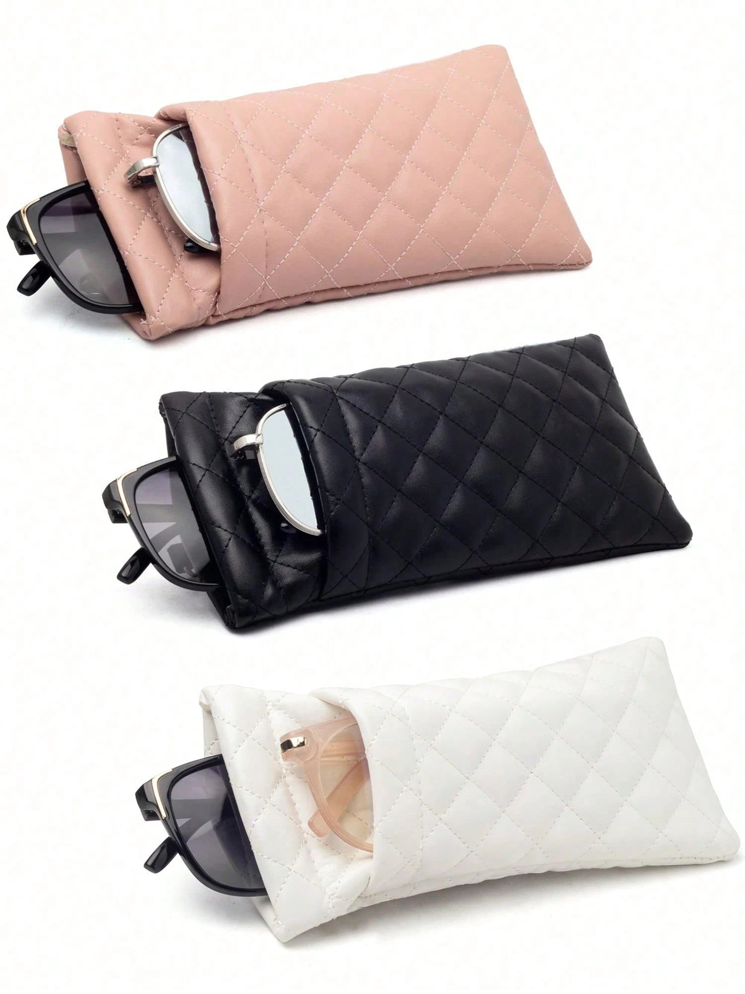 1pc Soft PU Double Layer Glasses Case/Sunglasses Storage Bag, Press-Button Design, Minimalist Solid Color Rhombus Pattern Scratch-Resistant Material, Convenient For Daily Carry; Suitable For Sunglasse