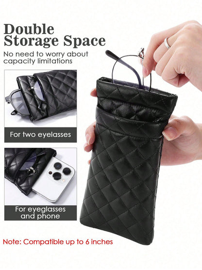 1pc Soft PU Double Layer Glasses Case/Sunglasses Storage Bag, Press-Button Design, Minimalist Solid Color Rhombus Pattern Scratch-Resistant Material, Convenient For Daily Carry; Suitable For Sunglasse