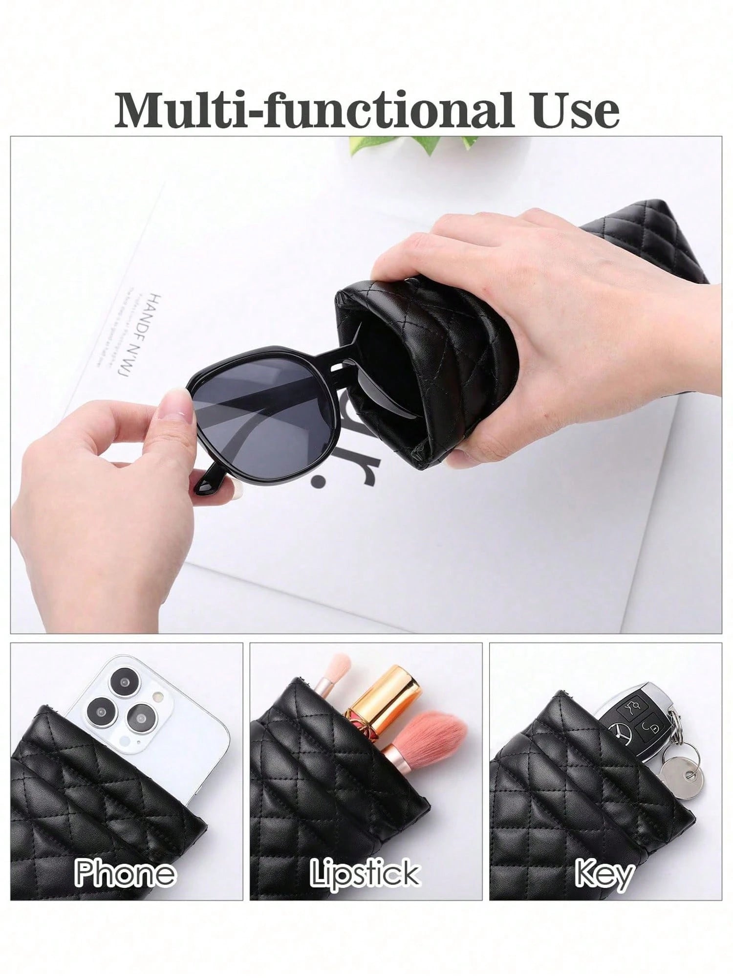 1pc Soft PU Double Layer Glasses Case/Sunglasses Storage Bag, Press-Button Design, Minimalist Solid Color Rhombus Pattern Scratch-Resistant Material, Convenient For Daily Carry; Suitable For Sunglasse