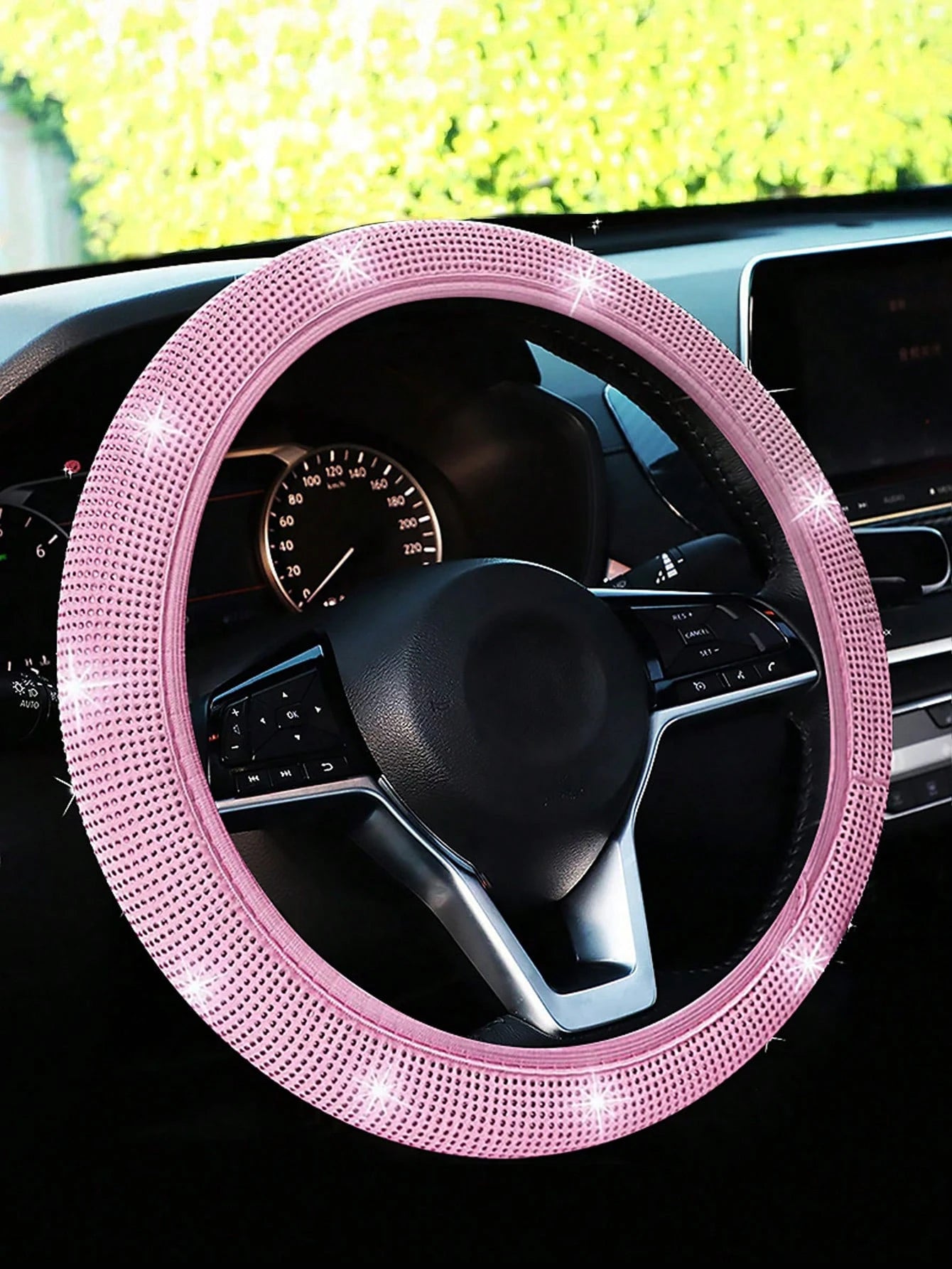 1pc Sparkling Pink Bling Crystal Diamond Ornament Car Steering Wheel Cover With Rhinestones Anti-Slip Breathable Fabric (Suitable For 14.2-15.3 Inches),Pink Car Stuff,Car Accessories Women