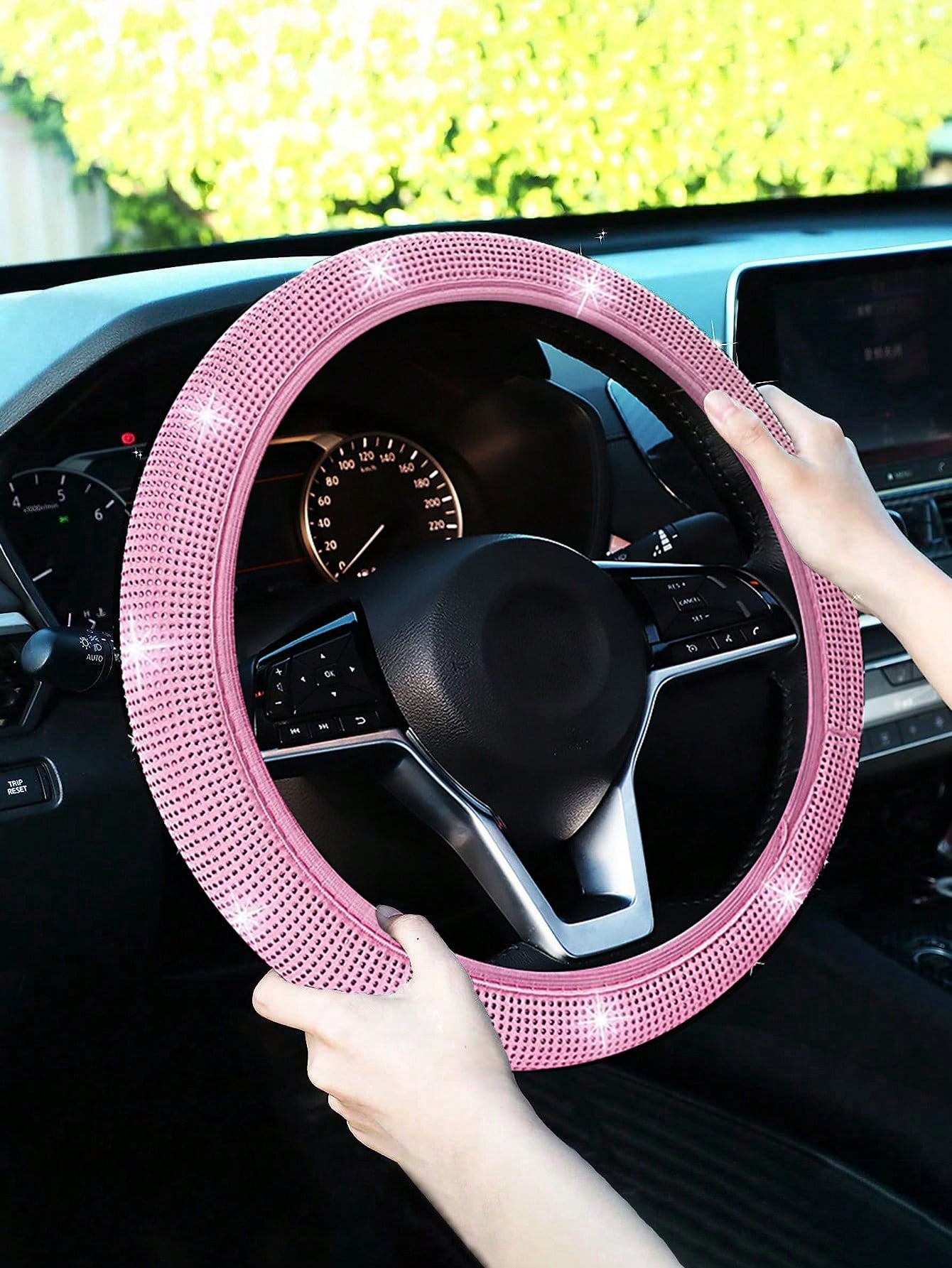 1pc Sparkling Pink Bling Crystal Diamond Ornament Car Steering Wheel Cover With Rhinestones Anti-Slip Breathable Fabric (Suitable For 14.2-15.3 Inches),Pink Car Stuff,Car Accessories Women