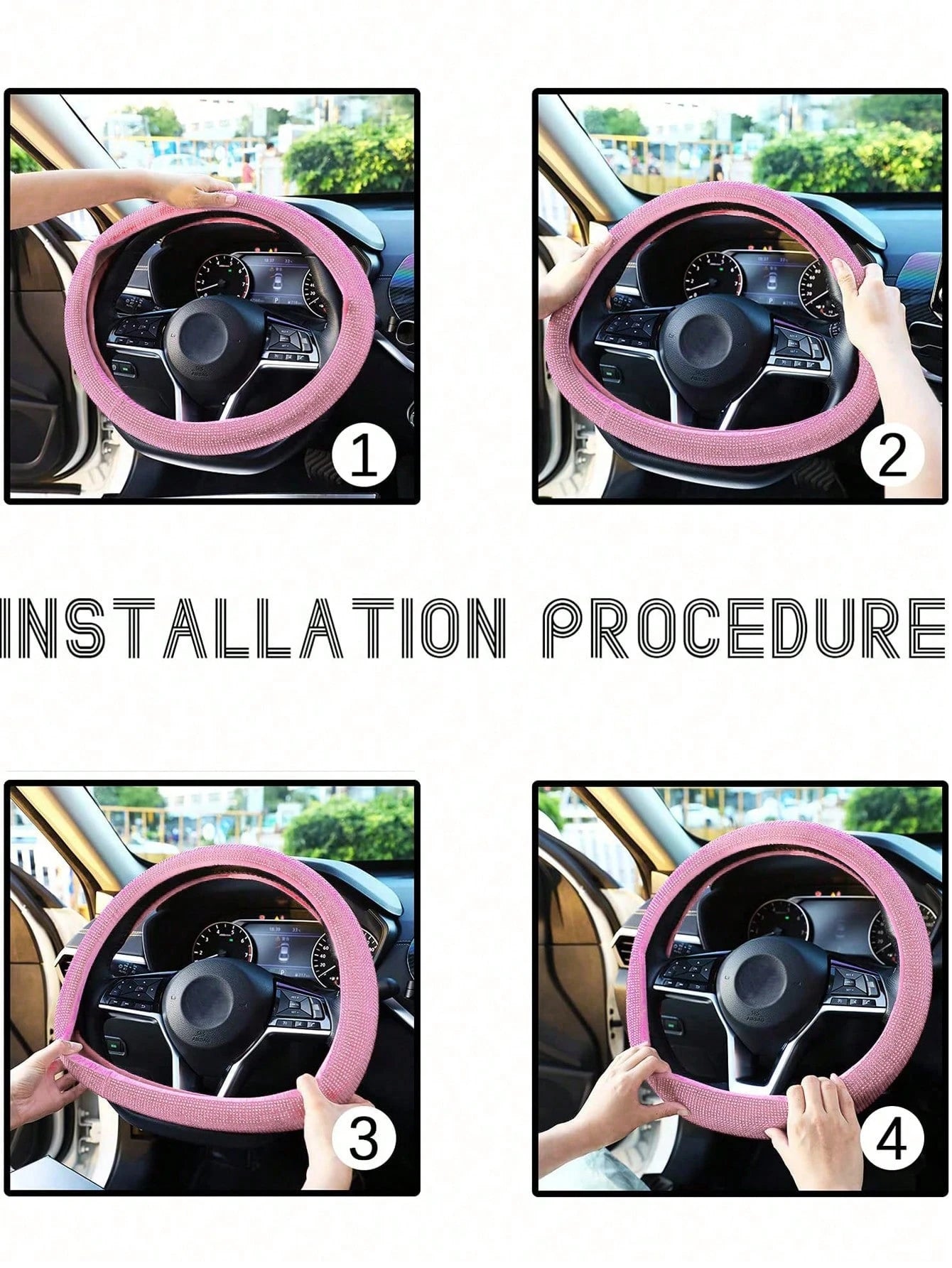 1pc Sparkling Pink Bling Crystal Diamond Ornament Car Steering Wheel Cover With Rhinestones Anti-Slip Breathable Fabric (Suitable For 14.2-15.3 Inches),Pink Car Stuff,Car Accessories Women