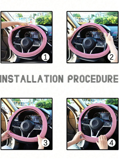 1pc Sparkling Pink Bling Crystal Diamond Ornament Car Steering Wheel Cover With Rhinestones Anti-Slip Breathable Fabric (Suitable For 14.2-15.3 Inches),Pink Car Stuff,Car Accessories Women