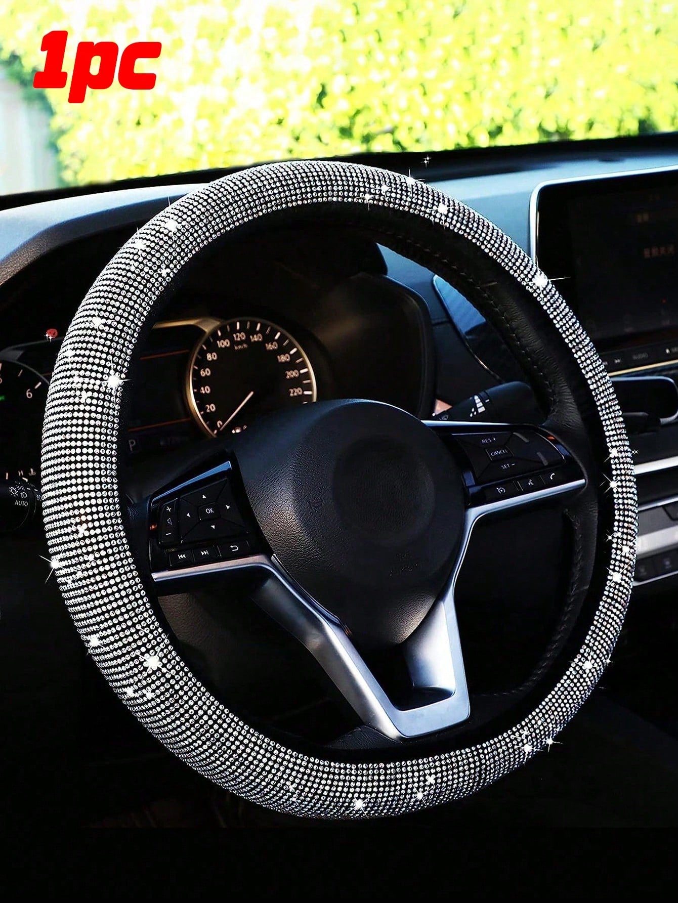 1pc Sparkling Pink Bling Crystal Diamond Ornament Car Steering Wheel Cover With Rhinestones Anti-Slip Breathable Fabric (Suitable For 14.2-15.3 Inches),Pink Car Stuff,Car Accessories Women