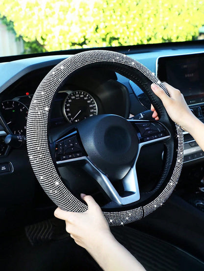 1pc Sparkling Pink Bling Crystal Diamond Ornament Car Steering Wheel Cover With Rhinestones Anti-Slip Breathable Fabric (Suitable For 14.2-15.3 Inches),Pink Car Stuff,Car Accessories Women