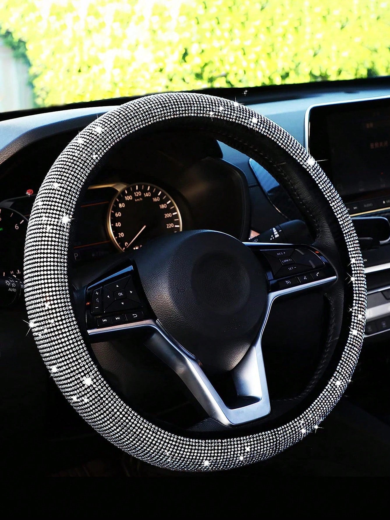 1pc Sparkling Pink Bling Crystal Diamond Ornament Car Steering Wheel Cover With Rhinestones Anti-Slip Breathable Fabric (Suitable For 14.2-15.3 Inches),Pink Car Stuff,Car Accessories Women