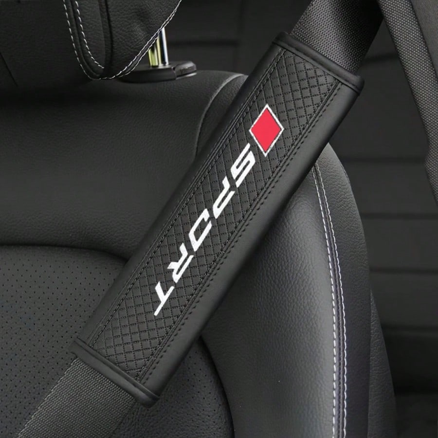 1pc Sports Logo PU Leather Car Seat Belt Cover, Anti-Slip Comfortable Shoulder Pad, Universal Car Interior Seat Belt Protector