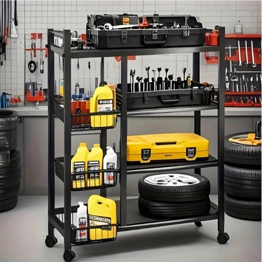 1pc Storage Rack, Integrated Storage Rack, Four-Layer Design, Plus 3 Basket Storage Parts, Garage Tool Storage Rack, With Wheels For Easy Movement