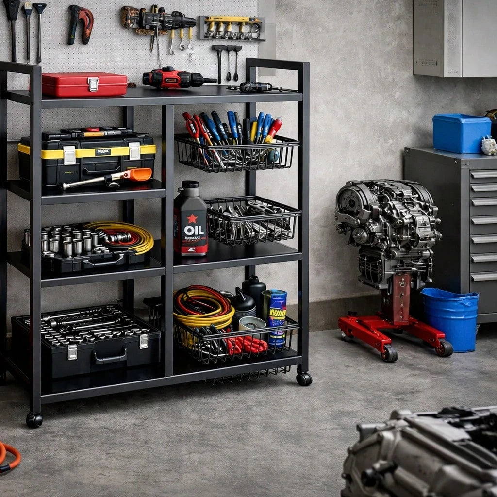 1pc Storage Rack, Integrated Storage Rack, Four-Layer Design, Plus 3 Basket Storage Parts, Garage Tool Storage Rack, With Wheels For Easy Movement