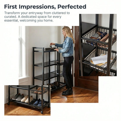1pc Storage Rack, Integrated Storage Rack, Four-Layer Design, Plus 3 Basket Storage Parts, Garage Tool Storage Rack, With Wheels For Easy Movement