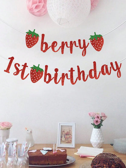 1pc Strawberry Theme 1st Birthday Paper Banner, Happy Birthday Hanging Banner, Strawberry Theme Birthday Decor, Baby Shower Party Decor, Gender Reveal Party Supplies, 1st Birthday Party Supplies, Boy