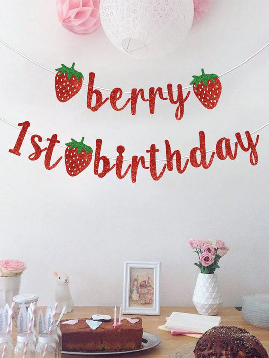 1pc Strawberry Theme 1st Birthday Paper Banner, Happy Birthday Hanging Banner, Strawberry Theme Birthday Decor, Baby Shower Party Decor, Gender Reveal Party Supplies, 1st Birthday Party Supplies, Boy