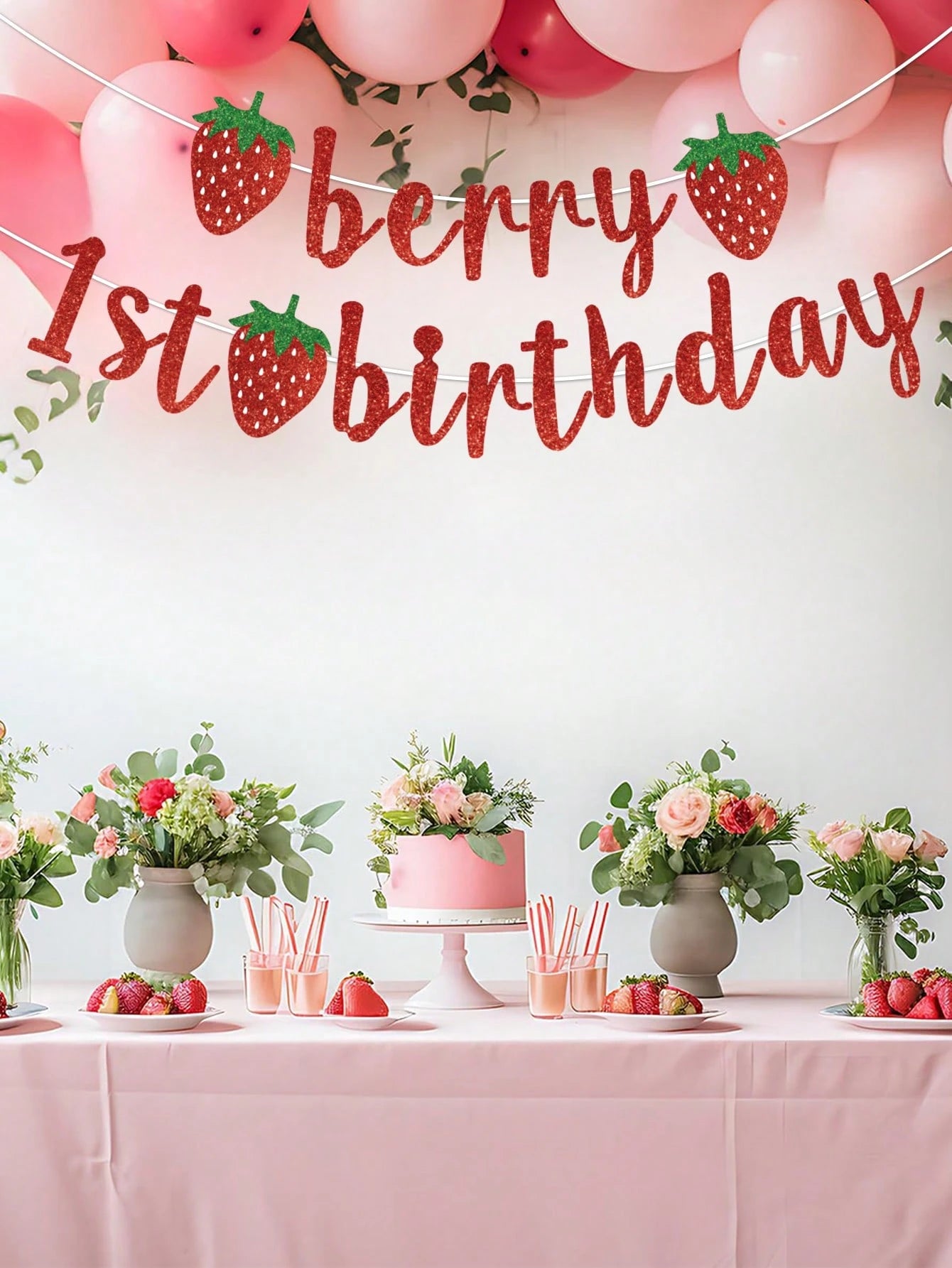 1pc Strawberry Theme 1st Birthday Paper Banner, Happy Birthday Hanging Banner, Strawberry Theme Birthday Decor, Baby Shower Party Decor, Gender Reveal Party Supplies, 1st Birthday Party Supplies, Boy