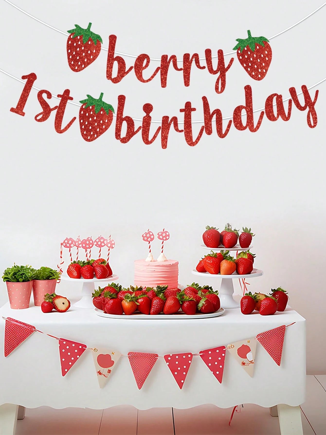 1pc Strawberry Theme 1st Birthday Paper Banner, Happy Birthday Hanging Banner, Strawberry Theme Birthday Decor, Baby Shower Party Decor, Gender Reveal Party Supplies, 1st Birthday Party Supplies, Boy
