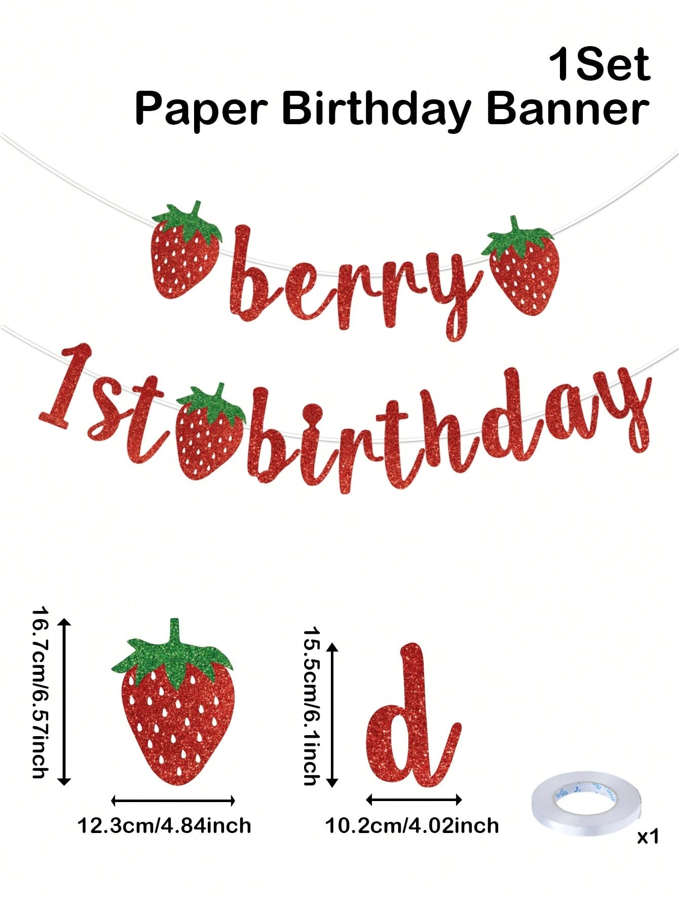 1pc Strawberry Theme 1st Birthday Paper Banner, Happy Birthday Hanging Banner, Strawberry Theme Birthday Decor, Baby Shower Party Decor, Gender Reveal Party Supplies, 1st Birthday Party Supplies, Boy