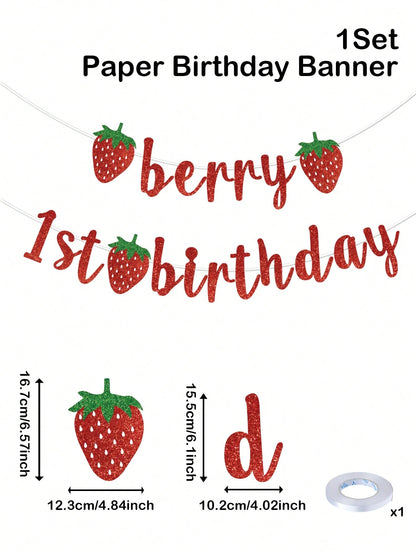 1pc Strawberry Theme 1st Birthday Paper Banner, Happy Birthday Hanging Banner, Strawberry Theme Birthday Decor, Baby Shower Party Decor, Gender Reveal Party Supplies, 1st Birthday Party Supplies, Boy