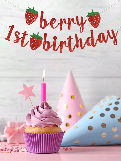 1pc Strawberry Theme 1st Birthday Paper Banner, Happy Birthday Hanging Banner, Strawberry Theme Birthday Decor, Baby Shower Party Decor, Gender Reveal Party Supplies, 1st Birthday Party Supplies, Boy